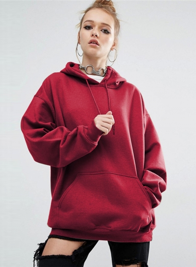 Women's Solid Loose Fit Kangaroo Pocket Pullover Hoodie