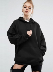 Women's Solid Loose Fit Kangaroo Pocket Pullover Hoodie