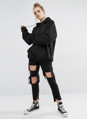 Women's Solid Loose Fit Kangaroo Pocket Pullover Hoodie