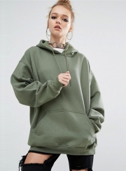 Women's Solid Loose Fit Kangaroo Pocket Pullover Hoodie