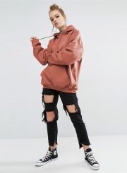 Women's Solid Loose Fit Kangaroo Pocket Pullover Hoodie