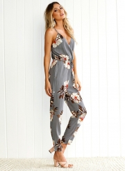 Women's Spaghetti Strap V Neck Sleeveless Floral Print Jumpsuit