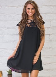 Women's Cap Sleeve Round Neck Lace Panel Dress