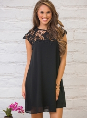 Women's Cap Sleeve Round Neck Lace Panel Dress