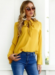 Women's Fashion Solid TIe Collar Long Sleeve Pullover Blouse