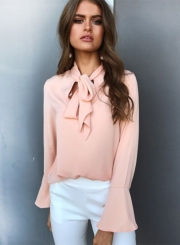 Women's Fashion Solid TIe Collar Long Sleeve Pullover Blouse