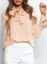 Women's Fashion Solid TIe Collar Long Sleeve Pullover Blouse