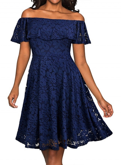 Women's Elegant off Shoulder Short Sleeve Lace A-line Party Dress zecalaba.com