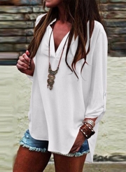 Women's Fashion V Neck Long Sleeve High Low Solid Loose Blouse