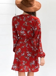 Women's V Neck Print Long Sleeve A-line Dress