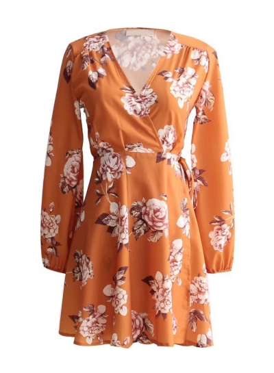 Women's V Neck Print Long Sleeve A-line Dress zecalaba.com