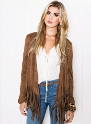 Women's Solid Open Front Long Sleeve Coat with Tassel