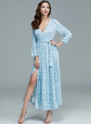 Women's Fashion V Neck Long Sleeve Geo Printed Maxi Dress with Belt