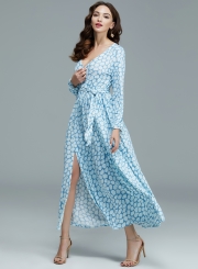 Women's Fashion V Neck Long Sleeve Geo Printed Maxi Dress with Belt