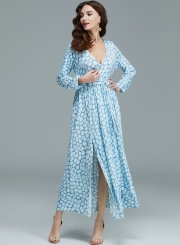 Women's Fashion V Neck Long Sleeve Geo Printed Maxi Dress with Belt