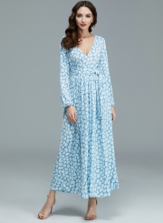 Women's Fashion V Neck Long Sleeve Geo Printed Maxi Dress with Belt