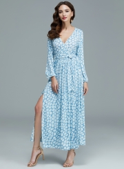 Women's Fashion V Neck Long Sleeve Geo Printed Maxi Dress with Belt