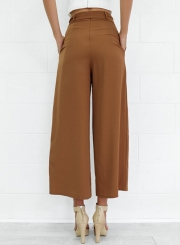 Women's Belt Decoration Solid Wide Leg Pants