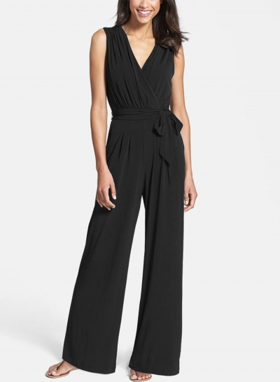 Women's Fashion Solid V Neck Sleeveless Wide-Leg Jumpsuit with Belt zecalaba.com