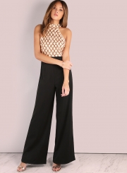 Women's Halter Off Shoulder Sequin Panel Jumpsuit