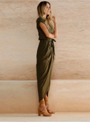 Short Sleeve High Slit Solid Maxi Dress with Belt