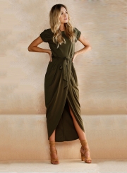 Short Sleeve High Slit Solid Maxi Dress with Belt