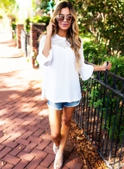 Women's Solid Color Lace Panel Round Neck Blouse