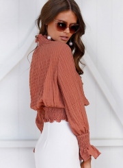 Solid High Neck Flare Sleeve Blouse