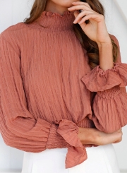 Solid High Neck Flare Sleeve Blouse