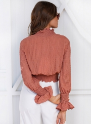 Solid High Neck Flare Sleeve Blouse