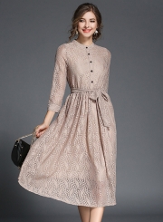 Elegant 3/4 Sleeve Lace Midi Dress with Belt