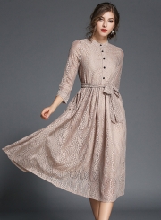 Elegant 3/4 Sleeve Lace Midi Dress with Belt