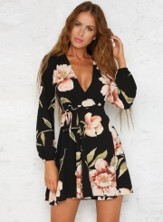 Fashion Deep V Neck Long Sleeve Floral Printed Mini Dress