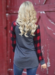 Round Neck Plaid Sleeve Tee Shirt