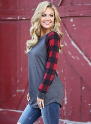 Round Neck Plaid Sleeve Tee Shirt