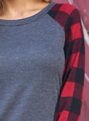 Round Neck Plaid Sleeve Tee Shirt