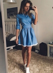 Turn-down Collar Half Sleeve Denim Dress