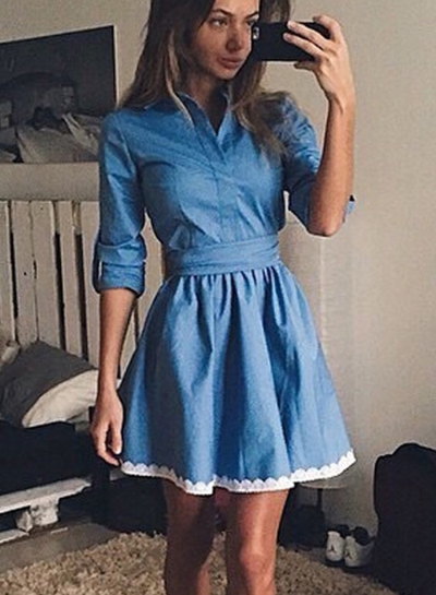 Turn-down Collar Half Sleeve Denim Dress YOYOTSHOP.com