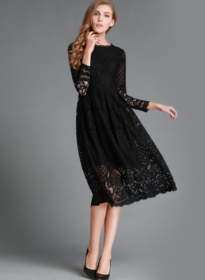 Round Neck Lace Panel Long Sleeve Dress zecalaba.com