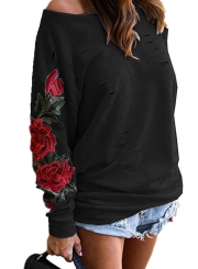 One Shoulder Long Sleeve Ripped Hole Rose Embroidery Sweatshirt