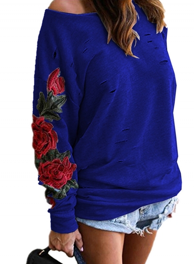One Shoulder Long Sleeve Ripped Hole Rose Embroidery Sweatshirt lonhooker.com