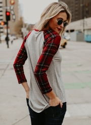 Round Neck Plaid Sleeve Color Block Knit Tee Shirt