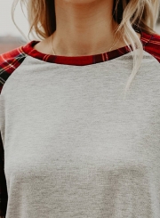 Round Neck Plaid Sleeve Color Block Knit Tee Shirt