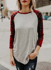 Round Neck Plaid Sleeve Color Block Knit Tee Shirt