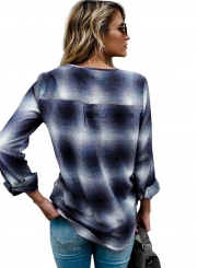 Fashion V Neck Long Sleeve Plaid Lace Up Blouse