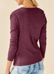 Solid Round Neck Long Sleeve Ruffle Knit Tee Shirt