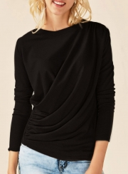 Solid Round Neck Long Sleeve Ruffle Knit Tee Shirt