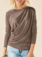 Solid Round Neck Long Sleeve Ruffle Knit Tee Shirt