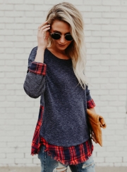 Round Neck Long Sleeve Plaid Panel Knit Tee Shirt