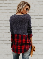 Round Neck Long Sleeve Plaid Panel Knit Tee Shirt